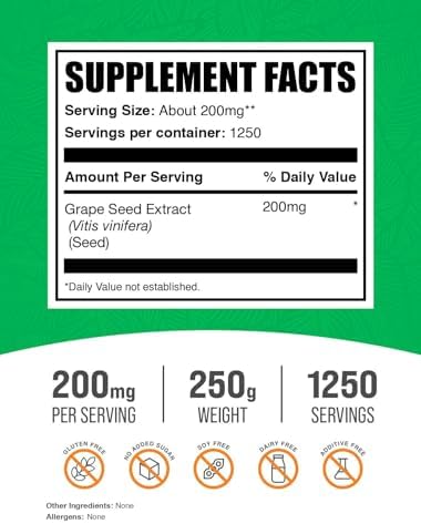 BulkSupplements.com Grape Seed Extract Powder - Antioxidant Supplement, Herbal Supplement - Vegan & Gluten Free, 200mg per Serving, 250g (8.8 oz) (Pack of 1)