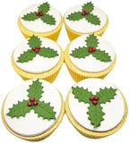 Edible Christmas Cake Cupcake Topper Decorations - Quality Handmade Sugar Paste Cake Decorations *HANDMADE IN THE UK * DELIVERY IN 6-7 DAYS (Holly x 12)