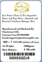Ghasitaram Gifts Valentines Gift for Girlfriend/Boyfriend/Husband and Wife - Healthy Hampers - Eco Print 4 Part 12 Pcs Sugarfree Dates and Figs Bites,Almonds and Roasted Namkeen Hamper Box