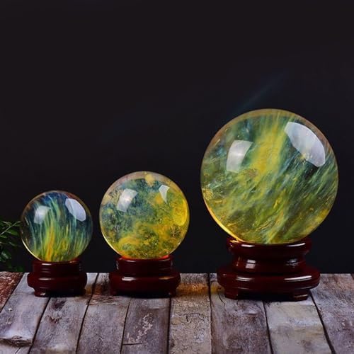 Natural Crystal Ball Sphere Melting Quartz Crystal Gemstone for Meditation, Divination Sphere, Home Decoration, Fengshui, Wicca and Energy Crystal Healing,Yellow-3.2" Diameter