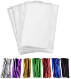 MoloTAR 200 Pcs 10 in x 6 in(1.4mil.) Clear Flat Cello Cellophane Treat Bags Good for Bakery, Cookies, Candies,Dessert with five random color Twist Ties!