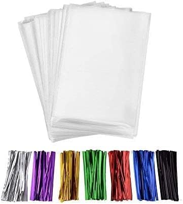 MoloTAR 200 Pcs 10 in x 6 in(1.4mil.) Clear Flat Cello Cellophane Treat Bags Good for Bakery, Cookies, Candies,Dessert with five random color Twist Ties!