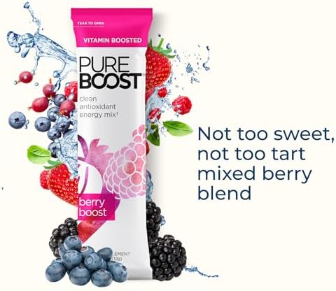 Pureboost Clean Energy Booster, Refreshing Energy Drink Mix with B12 Vitamins, Electrolytes, Antioxidants, Sugar-Free with No Sucralose (Berry Boost, 30 Count)