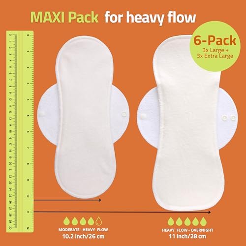 Organic Cotton, High Absorbency Reusable Period Pads for Heavy Flow (6 Pack L+XL) - Leak Proof & Odor Free Cloth Pads for Women - High-Temp Washable, Breathable & Skin-Safe for Menstrual Comfort