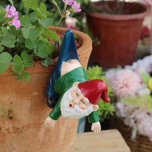 Funny Garden Gnome Statue Flower Pot Hugger, Pants Hanging on Branch Gnome Figurine Resin Sculpture Outdoor Decor Patio Lawn Yard Fence Plant Pot Ornaments