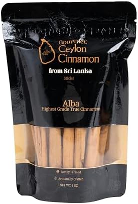 Gourmet Ceylon Cinnamon Premium Alba Grade Ceylon Cinnamon Sticks from Sri Lanka 4 oz. True Cinnamon Quills (5-Inch Cut) Artisanal, Family-Farmed & Hand-Crafted