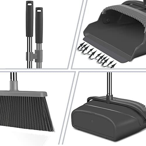 Broom and Dustpan Set for Home, Office, Indoor&Outdoor Sweeping, Stand Up Broom and Dustpan (Black&Gray)