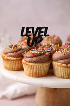 Level Up Cupcake Topper - 24 Pack Glitter Black Birthday Cake Decorations, Game Upgrade Cupcake Picks