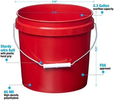 Consolidated Plastics 2 Gallon Food Grade Buckets & White Gamma Seal Lid, BPA Free Container Storage, Durable HDPE Pails, Made in USA (3 Pack, Red)