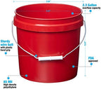 Consolidated Plastics 2 Gallon Food Grade Buckets & White Gamma Seal Lid, BPA Free Container Storage, Durable HDPE Pails, Made in USA (3 Pack, Red)