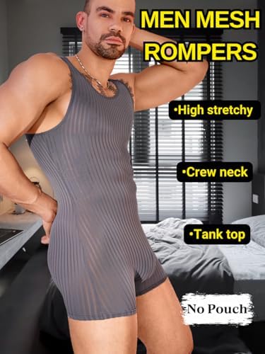EHSUYAB Men's Sexy Shapewear, Ribbed Sheer Mesh Lingerie Bodysuit, Sissy Clothes Gay Club, Tank Top Muscle Suit Rave Outfits