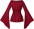 Irtysh Womens Renaissance Victorian Peasant Ruffle Smocked Waist Boho Pirate Shirt Blouse Cosplay Costume