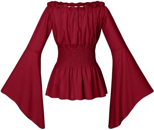Irtysh Womens Renaissance Victorian Peasant Ruffle Smocked Waist Boho Pirate Shirt Blouse Cosplay Costume