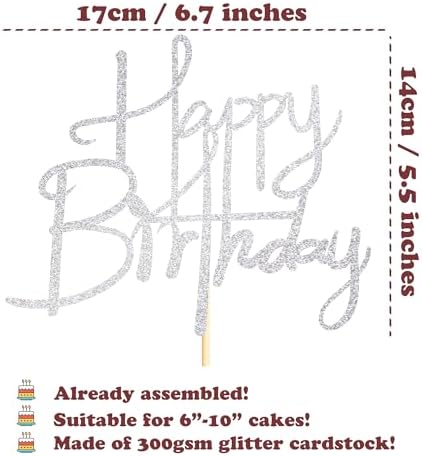 Sotpot Happy Birthday Cake Topper Silver Glitter Happy Birthday Cake Topper for Birthday Anniversary Party Cake Decorations Supplies