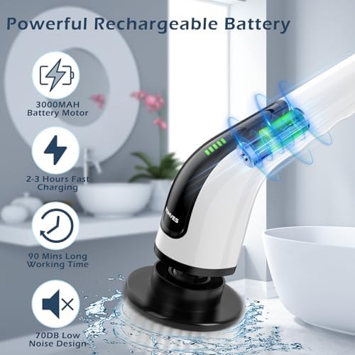 Bomves Electric Spin Scrubber, Cordless Cleaning Brush Scrubber for Home, 8 Replaceable Brush Heads-90Mins Work Time, 3 Adjustable Size, 2 Speeds for Bathroom Shower Bathtub Glass Car