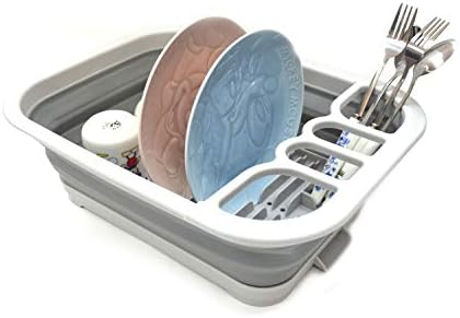 SAMMART 2pcs Kitchen & Outdoor Set : Collapsible Dish Drainer & 7.7L Collapsible Plastic Tub/Basin (2, Grey+Green)