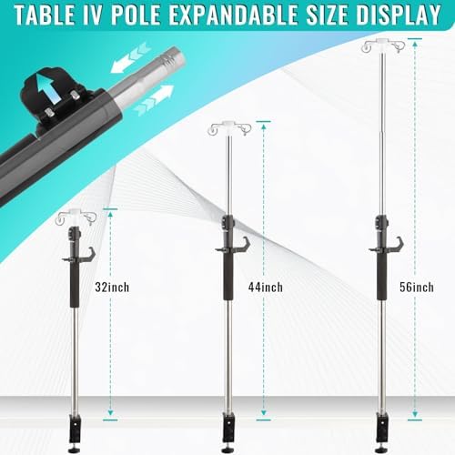 Table IV Poles,32 to 56In Telescopic Desktop IV Stand with 4 IV Bag Holder Portable Frosted Pipe Extension Pole IV Influsion Pole with Storage Hook for Home Hospital Clinic (Silver)