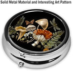 Pill Box, Small Pill Organizer with 3 Compartments and Mirror, Cute Round Portable Travel Metal Pill Case for Pocket or Purse, Privacy-Protecting Medicine Box-Retro Mushroom