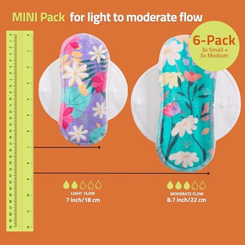 Non-Slip, (Premium) Reusable Menstrual Pads for Light Flow (6 Pack S+M) - Leak Proof & Odor Free Viscose Cloth Pads for Women & Teens - High-Temp Washable, Soft & Skin-Safe for All-Day Period Comfort