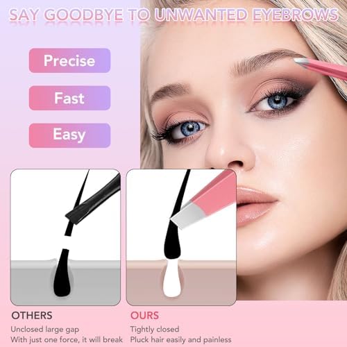 Tweezers Set for Facial Hair Removal Women, 8Pcs Precision Eyebrow Tweezers Nail Clipper Set Eyebrow Plucker Men for Ingrown Hair Removal (Pink)