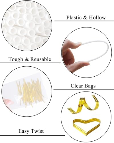 6-inch Plastic Cake Pop Sticks and Bags Kit, White Lollipop Sticks for Candy, Chocolate, Cakepop Accesories including 100 Sticks, 100 Bags, 100 Ties (Gold)