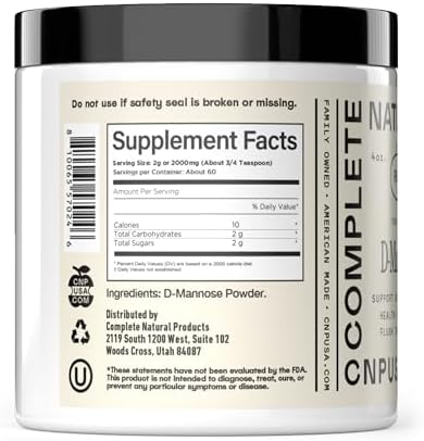 D Mannose Powder Supplement 4oz - D Mannose for UTI Support, Pure D-Mannose Powder for Bladder Urinary Tract Health, Easy Mix Concentrate, No Fillers, Non GMO Gluten Free, Kosher Certified Made USA