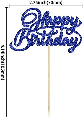 24Pcs Happy Birthday Cupcake Toppers Dark Blue Glitter Birthday Cupcake Food Picks for Celebrating Happy Birthday Party Cake Decorations Supplies
