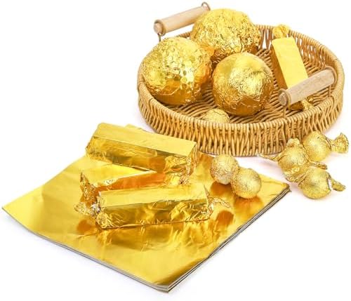 Dicunoy 300 PCS Gold Foil Candy Wrappers, 8x8 inch Large Aluminium Foil Chocolate Wrappers for Caramels, Square DIY Candies Packaging for Tea, Christmas, Easter, Thanksgiving Day, Party