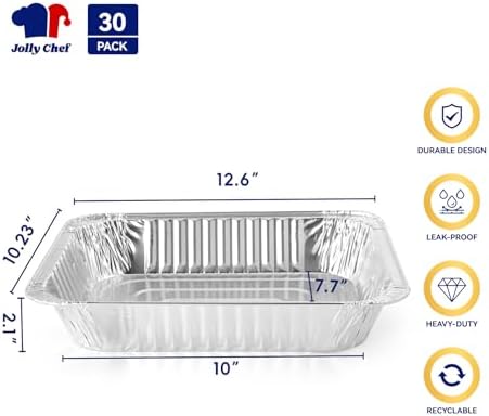 JOLLY CHEF 9x13 Aluminum Foil Pans (30 Pack) - Disposable Half Size Deep Steam Foil Pans for Roasting Turkey, Lasagna, Casseroles - Thanksgiving, Christmas, Parties, Catering