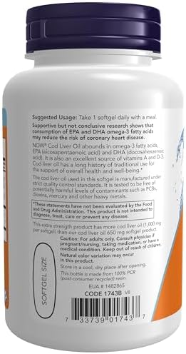 NOW Foods Supplements, Cod Liver Oil, Extra Strength 1,000 mg with Vitamins A & D-3, EPA, DHA, 90 Softgels