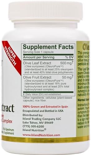 Island Nutrition, Olive Leaf Extract Capsules – 25% Oleuropein (40% Total Polyphenols), Plus 20% Hydroxytyrosol Complex – 100% Grown & Extracted in Spain (90 Capsules)