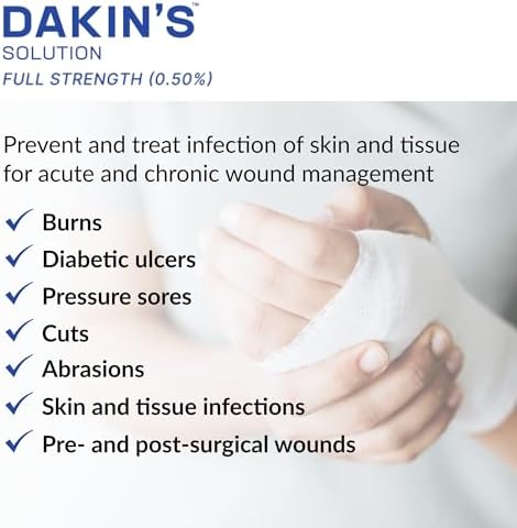 Dakin's Solution Full-Strength 0.5% Sodium Hypochlorite Wound Cleanser for Acute and Chronic Wounds, Non-Cytotoxic Antimicrobial No-Rinse Formula, Gentle on Skin, Safe for Home or Clinical Use, 16 oz
