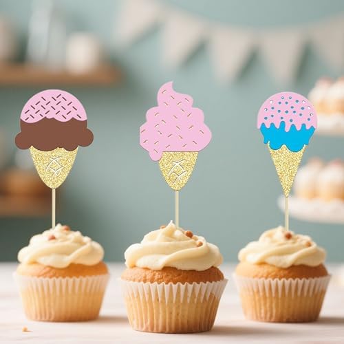 12 Pcs Ice Cream Cupcake Topper Glitter Cupcake Decoration Summer Dessert Ice Cream Theme Party, Birthday Wedding Party Popsicle Baby Shower Decorations Supplies