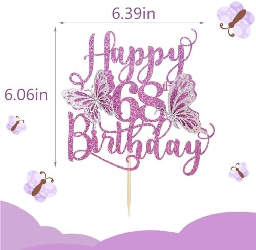 Kaoenla Butterfly Happy 68th Birthday Cake Topper-3D Butterfly theme 68 years old/68th Birthday/Anniversary Party Cake Decor Purple Glitter