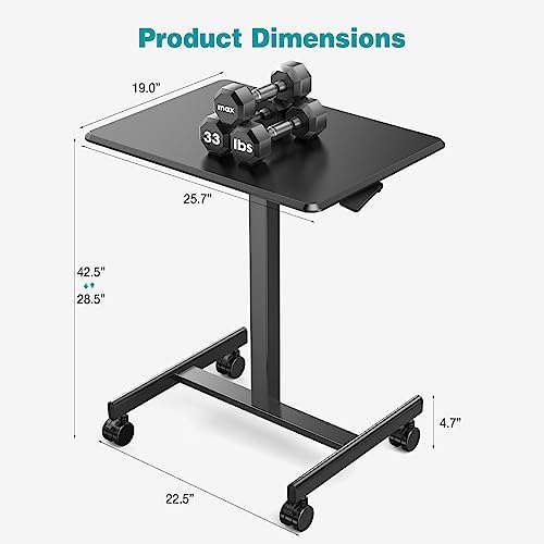 DUMOS Small Standing Desk Mobile Portable Rolling Laptop PC Table on Wheels Adjustable Height Computer Workstation for Home Office, 19 Inch, Black