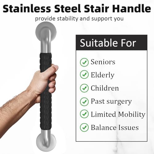 Metal Industrial Stairs Grab Wall Handrail Staircase Steps Indoor Exterior Outdoor Deck Hand Rail Safety Grab Bar Handle for Stairs Bars Wall Elderly Grab Frame Pipe (12 Inch 1 Pack Rubber)