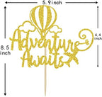 Adventure Awaits Cake Topper, Congrats Grad/New Chapter Cake Topper, 2026 Graduation/Retirement/Bon Voyage/Baby Shower/Moving Party/Travel Theme Party Decorations Supplies, Gold Glitter