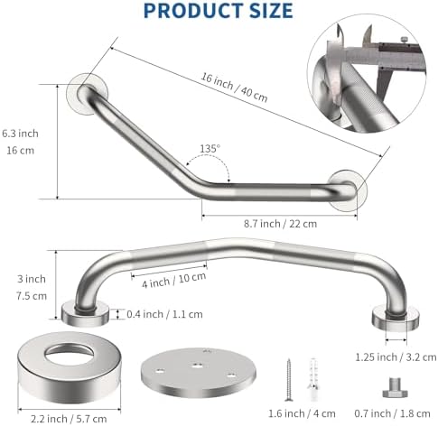16 Inch Angled Shower Grab Bar, Munzong 2 Pack Anti Slip Satin Brushed Nickel Bathroom Grab Bar, Knurled Bathroom Balance Bar,Safety Hand Rail Support Handicap Elderly Injury Senior Assist Bath Handle