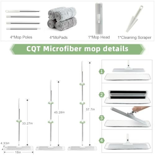 CQT Commercial Flat Microfiber Floor Mop Cleaning System 18" Inch Wet Dry and Dust Hardwood with 4 Washable Pads Cleaner for Laminate Tile Stainless Steel Handle and Extension (PT12-WET)