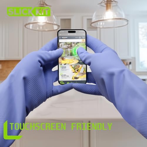 Rubber Kitchen Cleaning Gloves, Reusable Dishwashing Gloves, Non-Slip, with Flocked Liner, 3 Pairs (Pink+Yellow+Blue) (Large)
