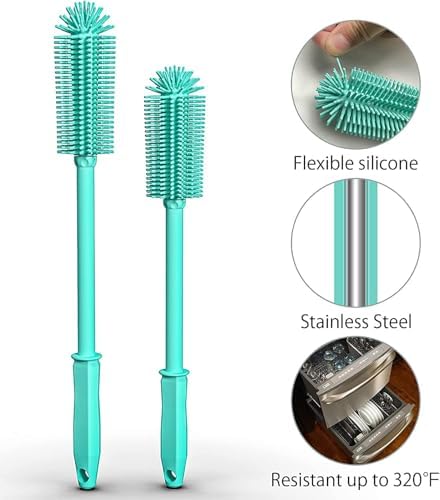 Long Silicone Bottle Cleaning Brush | 2 Pack| 16”+13”Water Bottle Brush Cleaner Brush for Hydro Flask,Glassware,Vacuum Sports Bottle&Vases,Silicone Water Bottle Cleaner Brush for Narrow Neck