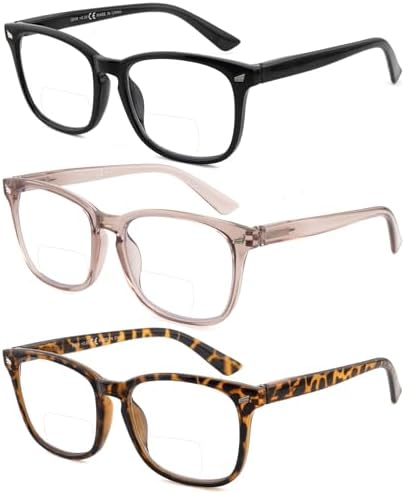 3 Pack Bifocal Reading Glasses For Women Men PC Rectangle Frame Anti Blue-ray Multifocal Readers with Spring Hinge