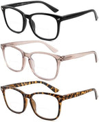 3 Pack Bifocal Reading Glasses For Women Men PC Rectangle Frame Anti Blue-ray Multifocal Readers with Spring Hinge