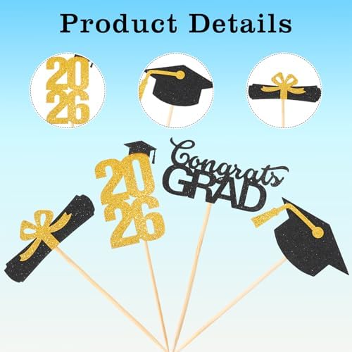 Graduation Cupcake Toppers 2026, Graduation Decorations 2026, 24 PCS Glitter Gold Congrats Grad Diploma Grad Cap Cupcake Toppers Picks Cake Decorations for Class of 2026 Graduation Party Decorations