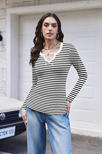Ekouaer Long Sleeve Shirts for Women V Neck Basic Ribbed T Shirt Thermal Undershirts Slim Fit Casual Tee Tops