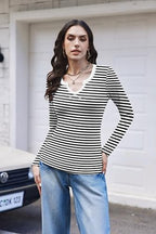 Ekouaer Long Sleeve Shirts for Women V Neck Basic Ribbed T Shirt Thermal Undershirts Slim Fit Casual Tee Tops