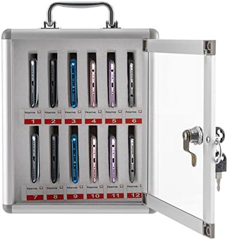 12-Slot Aluminum Phone Storage Cabinet with Lock & Handle, Wall-Mount or Free-Standing Locker for Schools, Offices, Classrooms (Silver)