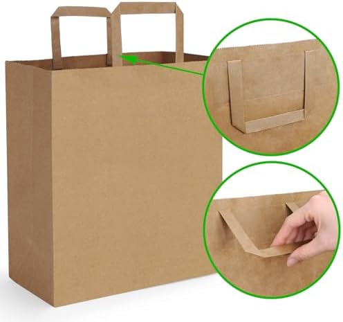 BagDream 12x7x17 50Pcs Large Paper Grocery Bags with Handles Kraft Brown Gift Bags for Shopping Retail Merchandise Flat Handles Recycled Takeout/to Go Barrel Sacks