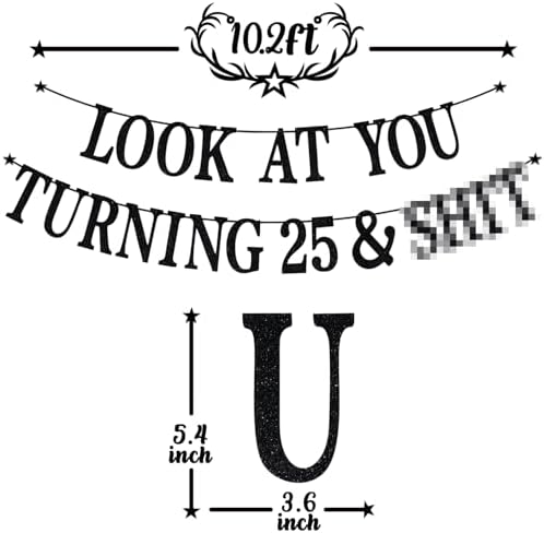 Black Glitter Look at You Turning 25 & Sh*t Banner, Happy 25th Birthday/Level 25 Unlocked/Cheers to 25 Years, Funny 25th Birthday Party Decorations Supplies
