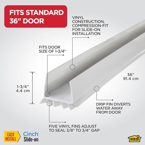 M-D Building Products Vinyl Cinch® U-Shape Door Bottom Seal, Slide-On Weatherstripping Draft Stopper, Easy to Install, Fits 36” x 1-3/4” Doors, Fills 3/8”- 3/4” Gaps, 43336, White